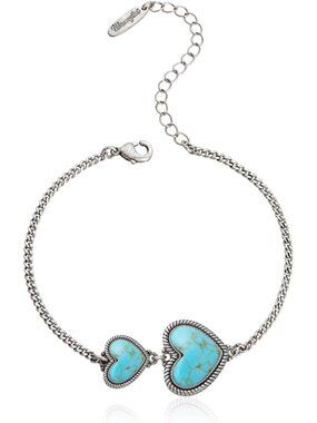 Charming 14K Gold Link Bracelet with Heart Charms & Turquoise Accents for Women